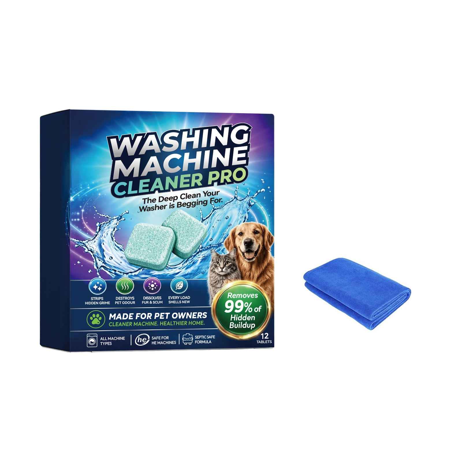 Washing Machine Cleaner Tablets 12pcs - Remove Pet Hair Odor from Drum Rubber Seal Gasket